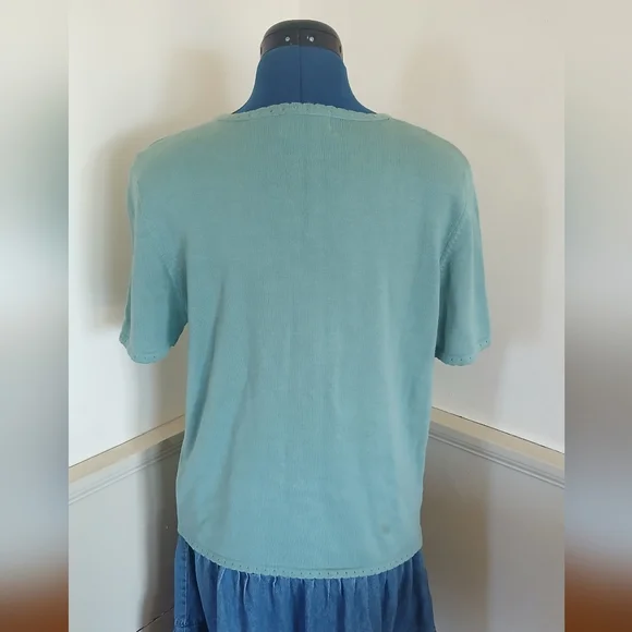 Embroidered Sea Green Short Sleeve Cotton Blend Sweater - Picture 2 of 13
